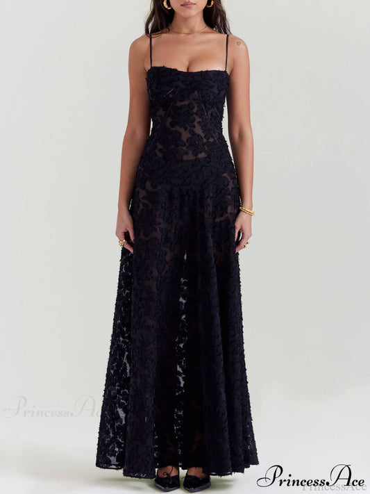 Black Floral Lace Charming Back Maxi Dress / S Dresses