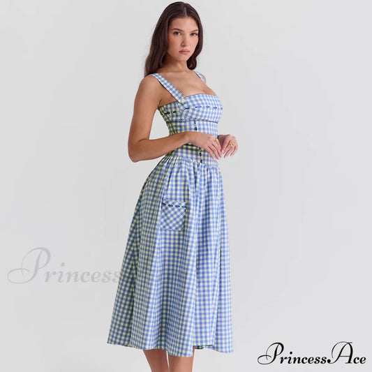 Blue Gingham Stylish Strap Midi Dress