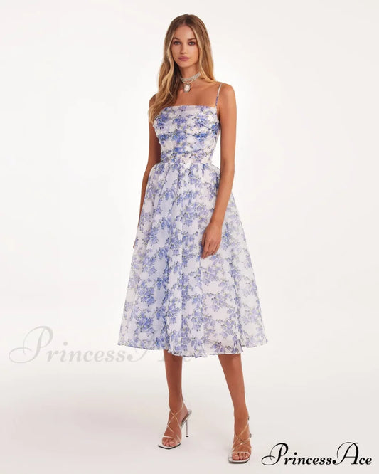 Blue Hydrangea Spaghetti Charming Strap Midi Dress