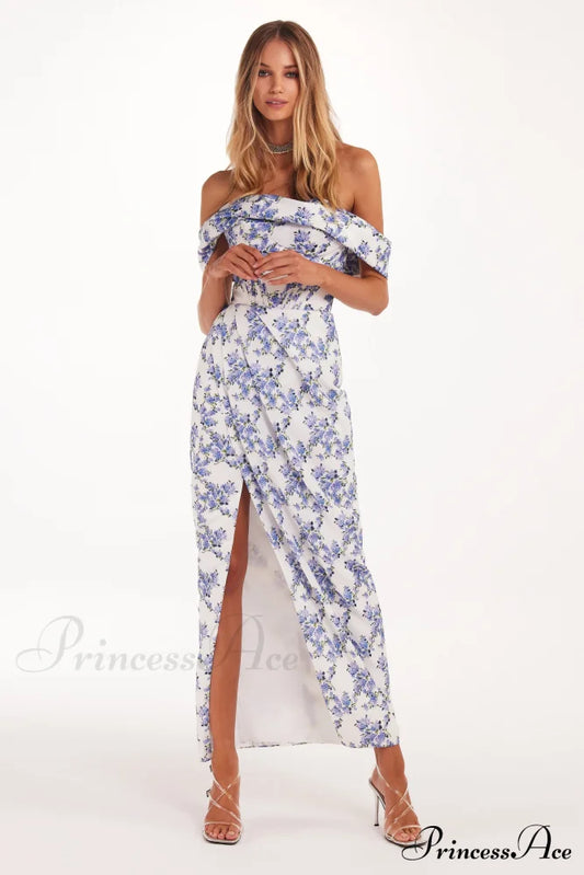 Blue Hydrangea Stylish Off-Shoulder Satin Dress