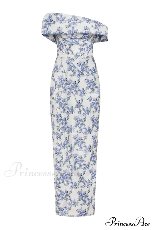 Blue Hydrangea off-shoulder satin dress - Milla