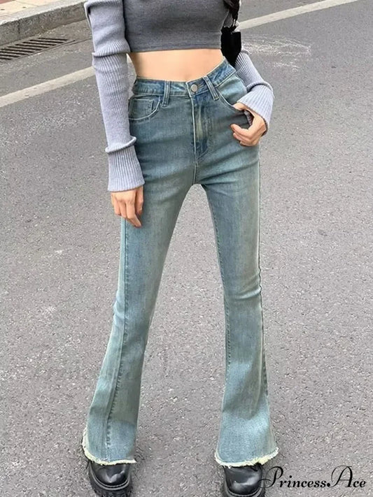 Blue Vintage Quality Fashion Straight High-Waisted Denim Casual Floor Length Jean