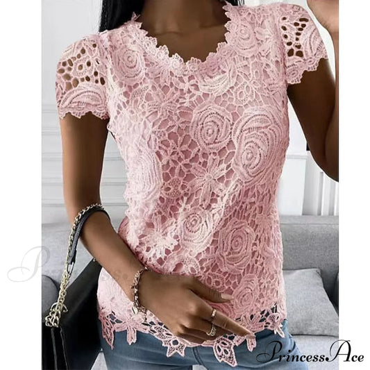 Brief Pink Neck White Casual Women’s Blouse Round Black Lace Arm Basic Plain / S