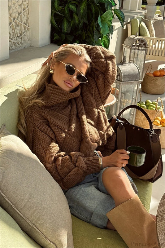 Brown Turtleneck Argyle Chic Cropped Sweater