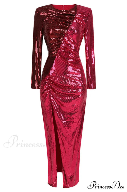 Burgundy Ruched Stylish Sequined Maxi Dress