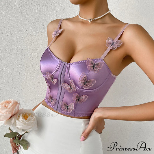 Butterfly Applique Hook And Eye Classic Silky Satin Corset Top - Champagne M / Purple Tops