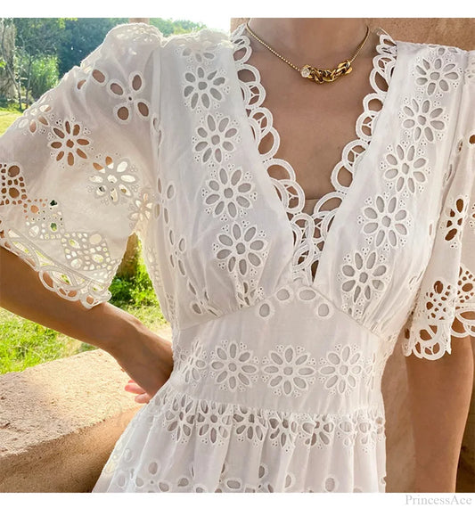 Button Up Embroidery Lantern Sleeve Cotton Boho Dress off white / S bohodress-250126