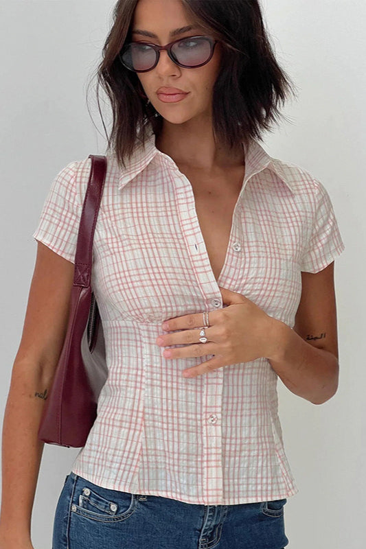 Fitted Waist Plaid V Neck Button Front Short Blouse