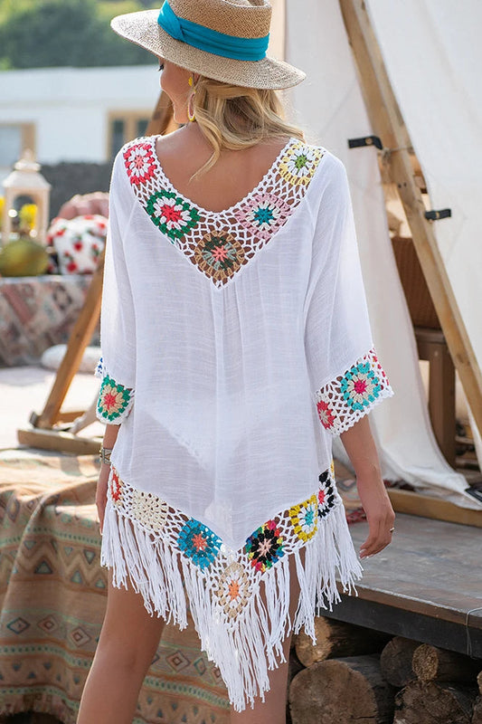 White Fringe Trim Boho Dress White / one size