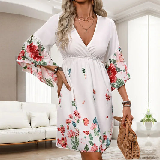 Casual Floral Printed Half Sleeve Floral Dress White / S oldfloraldress-250126