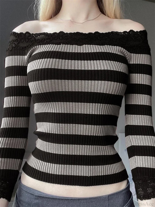 Casual Long Sleeve Retro Striped Off-Shoulder T-Shirts Black / S Sweaters-L
