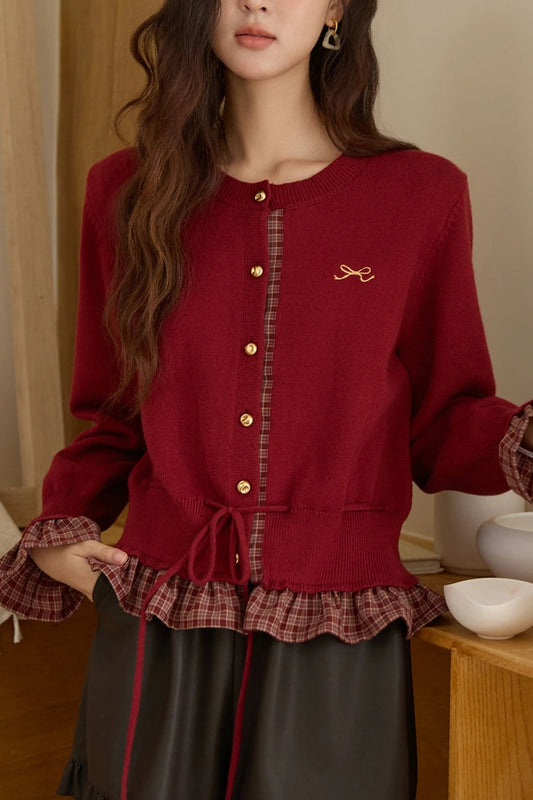 Plaid Patchwork O Neck Cardigan