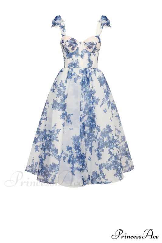 Charming Blue Hydrangea-Patterned Organza Graceful Midi Dress, Garden Of Eden