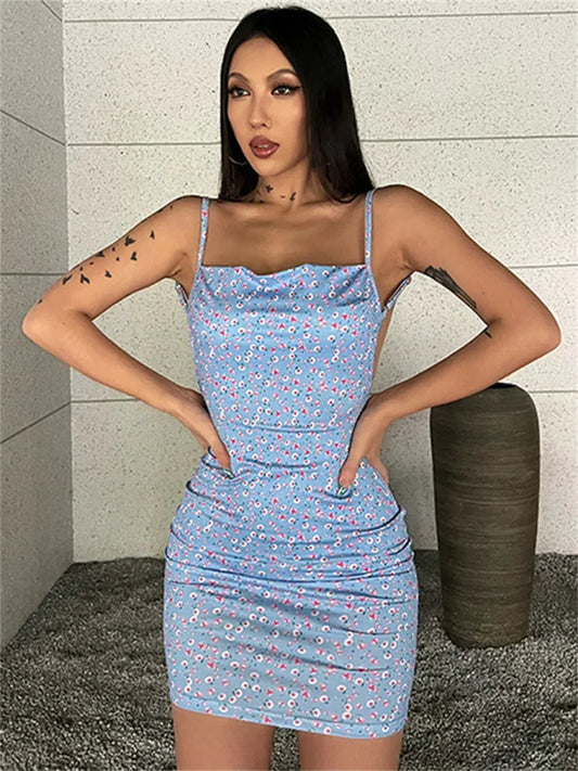 Chic Floral Print Backless Sling Mini Suspender Wrap Bodycon Party Dress SKY BLUE / S floraldress-250126