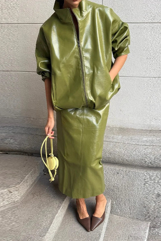 Chic Solid Patent Leather Stand Collar Jacket Skirt Two Piece Set Green / S