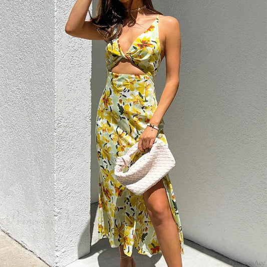 Chic Yellow Flowers Print Twist Knot Cutout Midi Floral Dress Yellow / S floraldress-250126