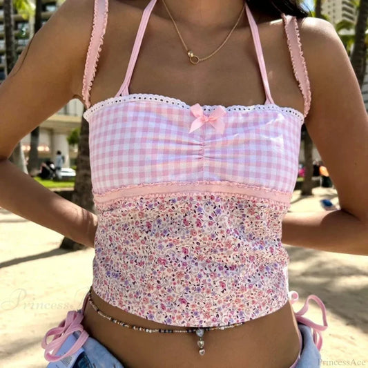 Cottage Floral Plaid Patchwork Y2K Lace Trim Backless Tie Up Retro Vest Crop Top PINK / S croptop-250126