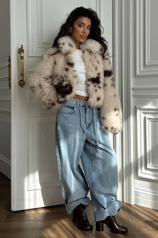 Cropped Cow Print Fuzzy Loose Warm Coat Khaki / S