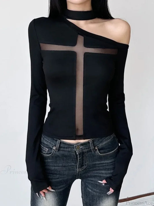 Cross Mesh Patchwork Knit Top