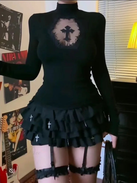 Cross Turtleneck Knit Top Black / S