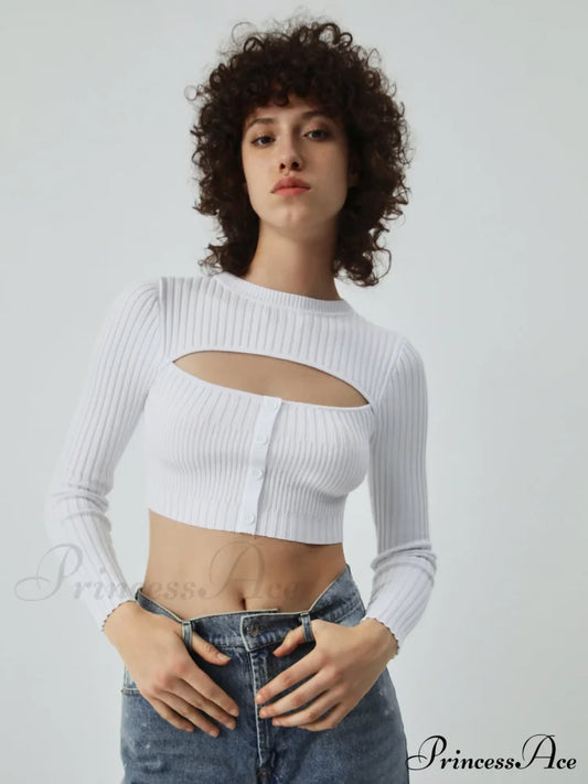 Cutout Button Up Long Modern Sleeve Crop Knit Top
