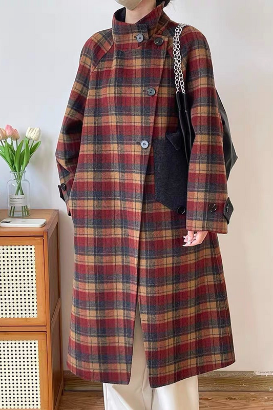 Plaid Wool Blend Stand Collar Mid-Length Outerwear