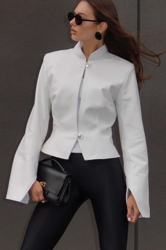 Stand Collar Fitted Leather Jacket