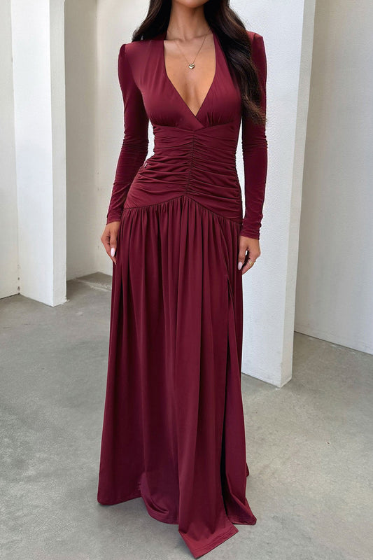 Deep V Ruched Long Sleeve Slit Fitted Waist Maxi Dress