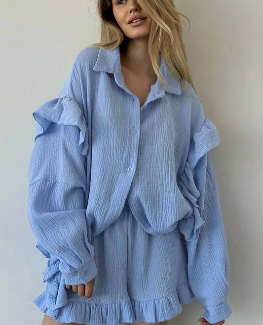 Blue Cotton Lapel Ruffled Shirt Office Two Piece Set
