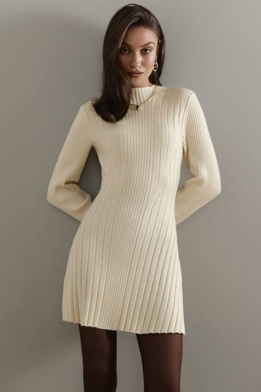 Elegant Playful Knit Mock Neck Long Sleeve A Line Mini Dress