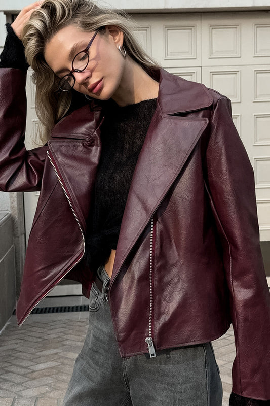 Angora Red PU Leather Blazer Coat
