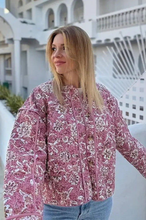 Floral Print Crew Neck Padded Coat