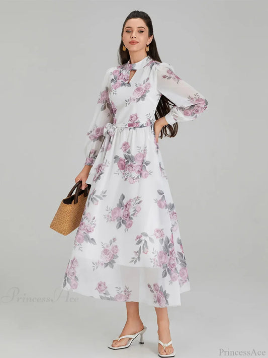 Elegant Floral Print Chiffon Long Lantern Sleeve Tie Waist Floral Dress WHITE / S floraldress-250126