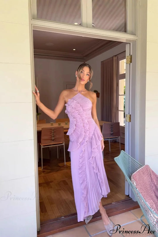 Elegant Neck Strap Ruffles Backless Floral Dress