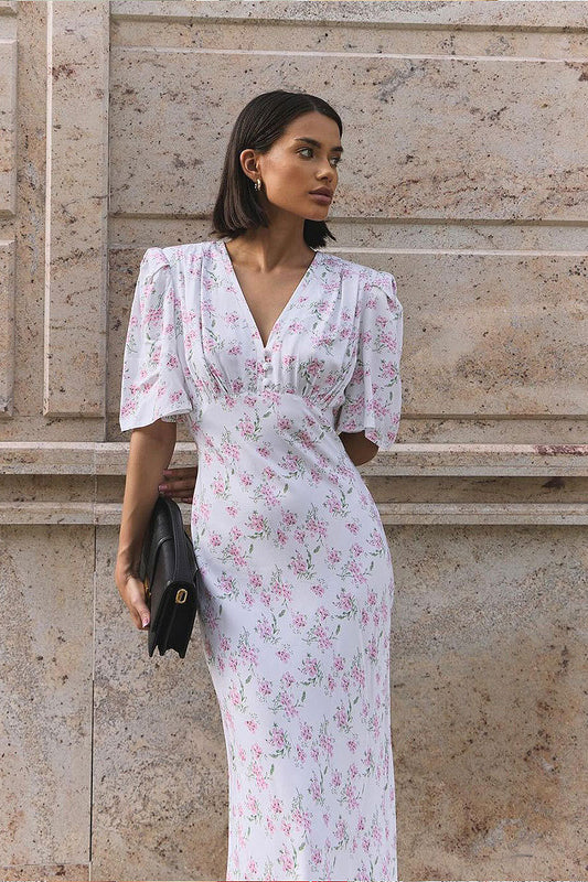 V Neck Fitted Shoulder High Waist Short Sleeve Floral Dress