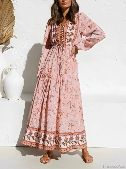 Flare Sleeve Purple Floral V-neck Maxi Boho Dress Pink / S bohodress-250126