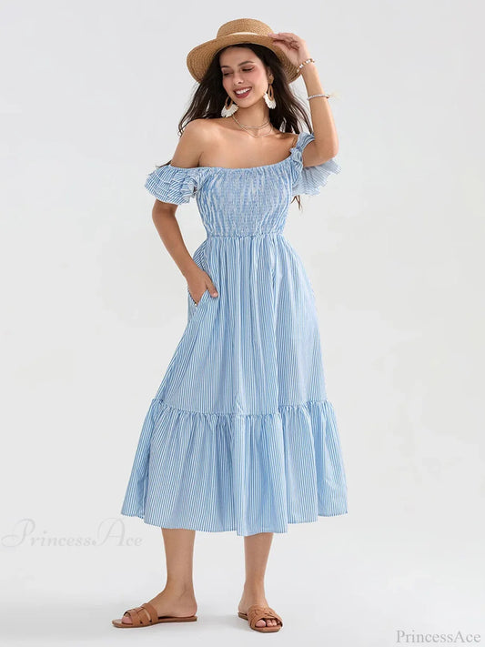 Floral Dot Print Shirred Square Neck Ruffled Flowing Beach Floral Dress Blue / S floraldress-250126