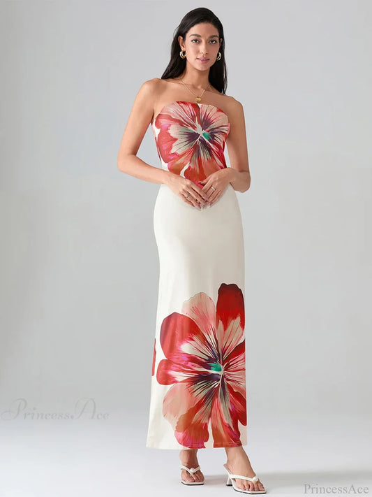 Floral Print Bandeau Strapless Wrap Floral Dress floraldress-250126