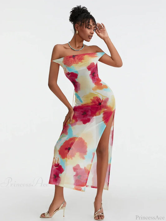 Floral Print High Split Backless Off-Shoulder Tie-up Long Floral Dress MULTI / S floraldress-250126