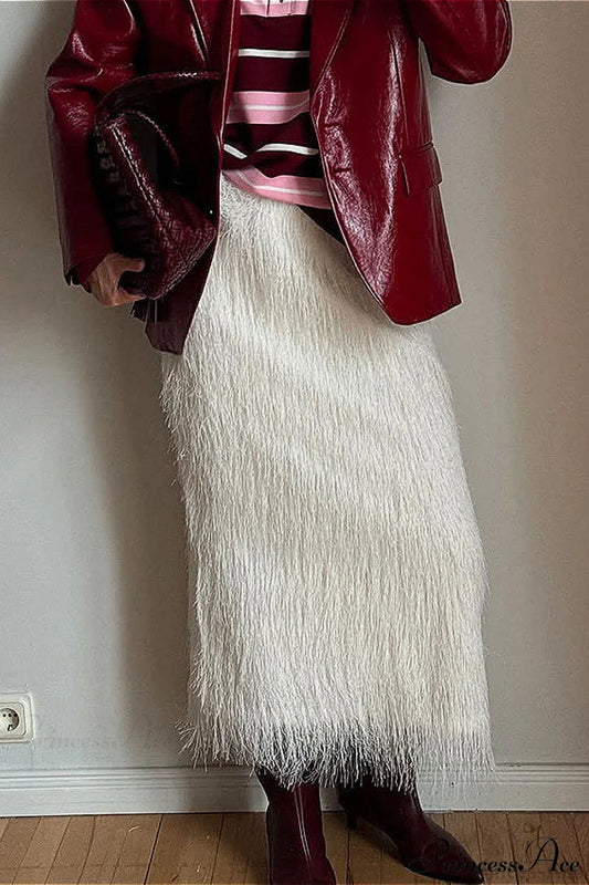 Fringe High Waist A-Line Midi Skirt White / S