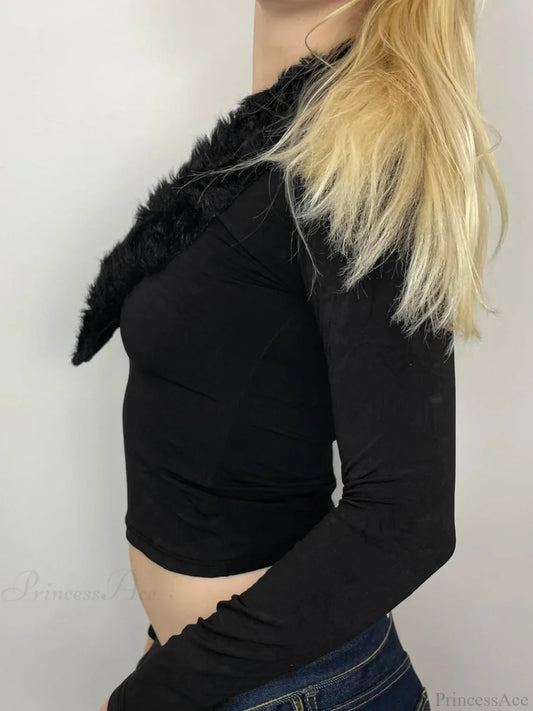 Fur Trim Slim Deep V-Neck Knitted Long Sleeve Knit Top knittop-250126