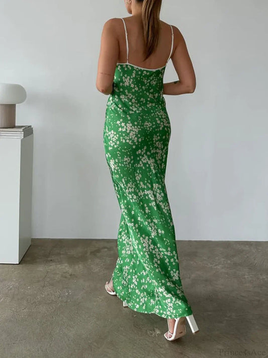 Green Flowers Print Beach Casual Boho Backless Spaghetti Sundress floraldress-250126