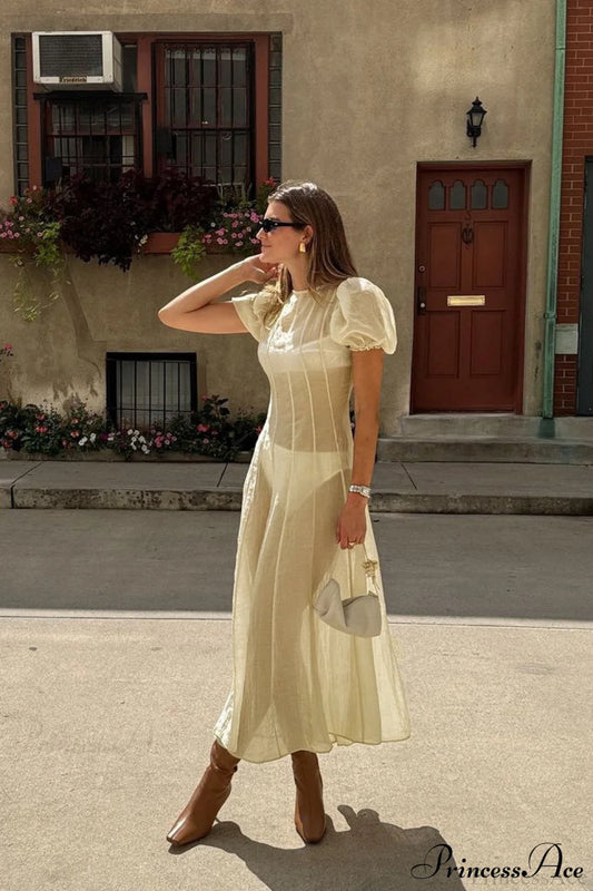 High Waisted Sheer Puff Sleeve Sleek Maxi Dress Apricot / S