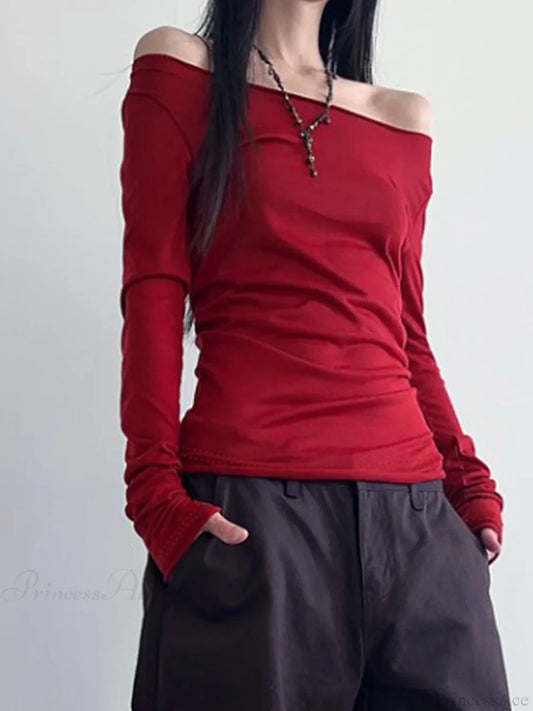 Hollow Out Bandage Slim Backless Slash Neck Long Sleeve Knit Top Red / S knittop-250126