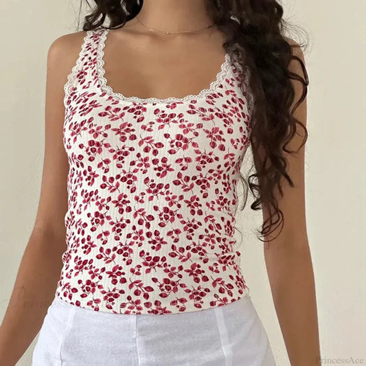 Lace Trim Slim Fit Y2K Summer Floral Sleeveless Casual Basic Crop Top Beige / S croptop-250126