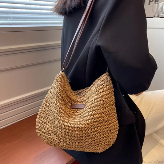 Ladies Summer Straw Crossbody Shoulder Bag dark khaki / 29x24x6cm shoulder-250126