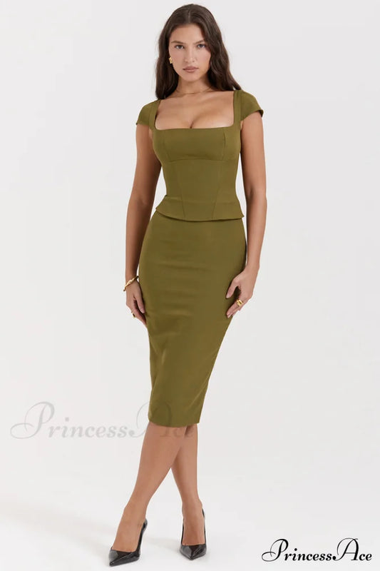 Layana Olive Stylish Corset Midi Dress Xs /