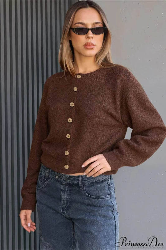 Long Sleeve Button Loose Crew Neck Knit Cardigan