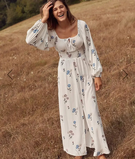 Long-sleeved Stretch Waist Split White Boho Dress WHITE / S bohodress-250126