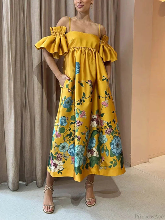 Marigold Printed Gathered Sleeve Graceful Pocketed A-Line Midi Dress Yellow / S Dresses